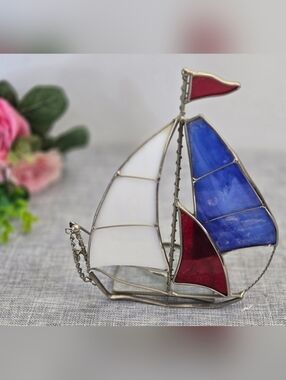 Stained Glass Blue White Red Nautical Decor Sail Boat Candle Holder W Deffect
